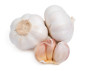 Top view set fresh peeled garlic cloves isolated on white background.