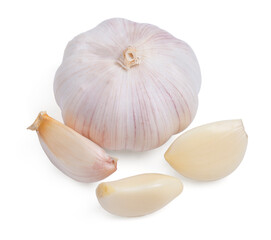 Top view set fresh peeled garlic cloves, bulb with garlic slices on white background.