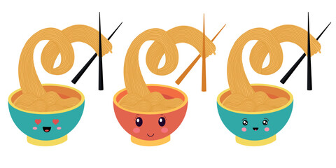 A set of dishes in the style of kawaii with oriental noodles. Asian noodles isolated on a white background.