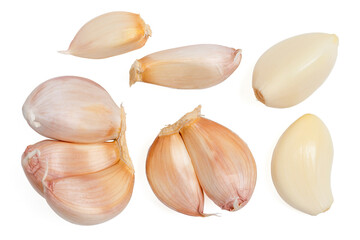 Top view set fresh peeled garlic cloves, bulb with garlic slices on white background