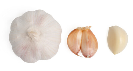 Top view set fresh peeled garlic cloves, bulb with garlic slices on white background