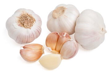 Fresh peeled garlic cloves, bulb with garlic slices on white background.