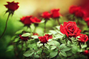 Obraz premium Red roses in daylight lush green colors