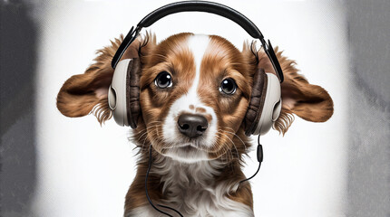 A  dog with headphones, listening music. generative ai