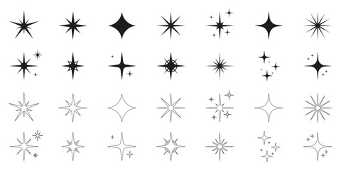 Sparkle Star Silhouette and Line Icon Set. Glow Spark Flash Stars Black Collection. Shine Burst Magic Decoration Symbol. Glistering Effect Light. Twinkle Flare. Isolated Vector Illustration