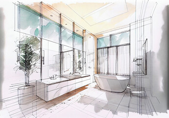 Fototapeta イメージ素材：モダンな浴室（洗面所）のラフスケッチアート.. obraz