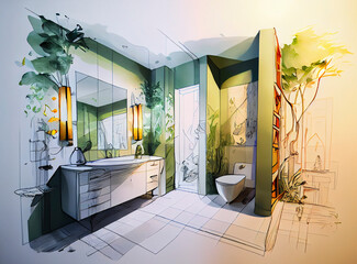 イメージ素材：モダンな浴室（洗面所）のラフスケッチアート..Generative AI - obrazy, fototapety, plakaty