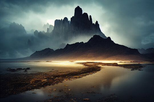  Spooky mountains rising in front of dried out lake fantasy landscape overcast sky