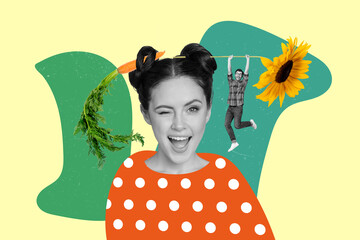 Creative collage picture of mini black white colors guy hanging sunflower girl bun hairdo isolated...