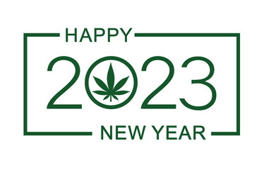 Happy New Year 2023 - New Year background with marijuana leaf.