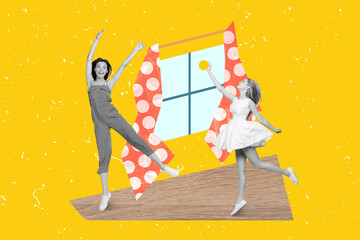 Creative collage image of two black white gamma people jumping hand catch ball painted window house interior isolated on yellow background