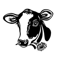 Vector cow calf  head with chamomile flower design ,logo design, Farm Animals, Black and white picture, Line animal on the white background 
