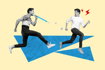 Creative collage image of two black white effect people running shooting spit paper pieces straw isolated on painted background