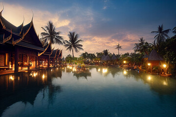 Thailand vacation resort after sunset lights reflecting