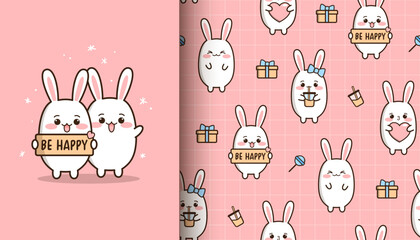 Cute bunny pattern in cartoon style. Happy rabbits illustration. Kawaii rabbit pattern.
