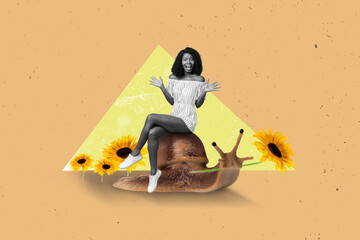 Collage photo of young attractive woman sitting sliding slither mollusk autumn fall season...