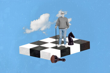 Collage photo of old age pensioner grandfather wear casual outfit hold cane chess board game player...