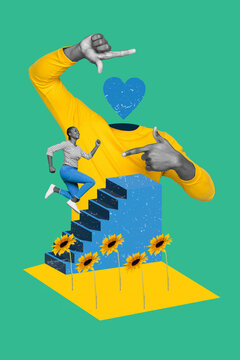 Collage photo concept war ukraine stop crime jumping girl headless person blue heart save peace near growing sunflowers isolated on green background