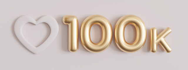 100000 followers card with heart on beige background. Banner for social network, blog. 100k followers or likes celebration. Social media achievement poster. Hundred thousand subscriber. 3d render.