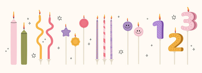 Candles for the cake. Colorful holiday candles for cake decoration. Bright accessories for the holiday. Vector hand drawillustration.Holiday banner, poster, greeting card, invitation background