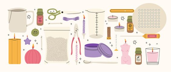 Hand draw aromatic candles ingredients collection. Vector illustrations of candles, wax, fragrance, color, herbs, and skewers. Natural materials for aromatherapy, hobby, handcrafts, candle making.