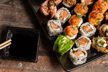 sushi plate. sushi rolls. Japanese food. close up