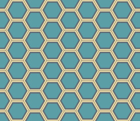 Simple abstract ornament of a floor tile. Vector blue yellow honeycomb seamless pattern. Mosaic background of hexagon shapes.