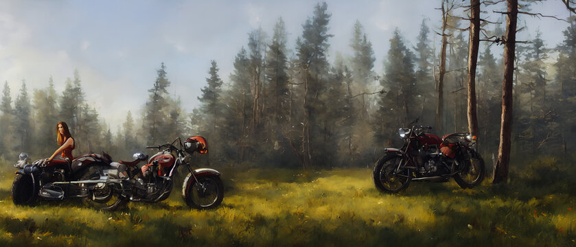 Painting of an abandoned bike in the dark forest.  Digital art concept, Generative AI