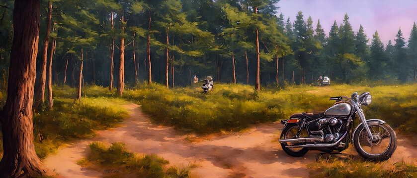 Painting of an abandoned bike in the dark forest.  Digital art concept.
