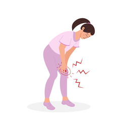 Woman holding her knee, suffering of knee pain. Joint pain, injury, sprain, sport trauma, damage while running. Vector illustration isolated on white background.