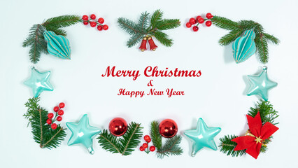 Greeting holiday card. Merry Christmas and Happy New Year text. Rectangular frame of spruce twigs, christmas decorations and toys.