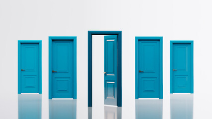 set of Opened realistic blue doors isolated on white background. 3D render