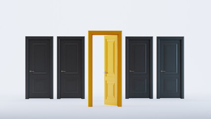 3D render of Otustanding yellow door open between closed black door, set of yellow and black wooden doors