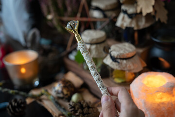 Obraz premium Witch hand holds magic wand. Magic items scene. Witchcraft objects background.