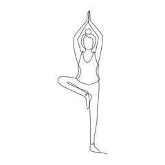 Single line drawing of a girl standing in a yoga pose. Doodle illustration of relaxing workout.