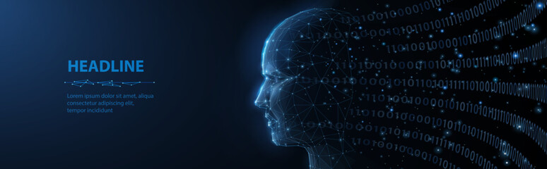 Artificial intelligence. Abstract 3D Poligonal ai human face on blue. Cyber robot, Ai technology, big data code, artificial mind, cyborg women, digital innovation