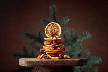 Christmas still-life with dried fruits and nuts.