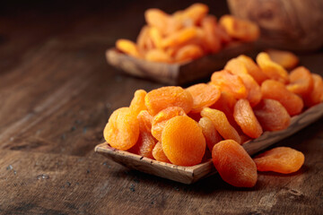 Dried apricots in a wooden dish.