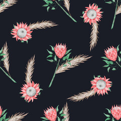 Seamless pattern with watercolor protea flowers. Boho floral pattern on black background