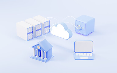 Cloud computing is applied to save box,bank, laptops, and servers, 3d rendering.