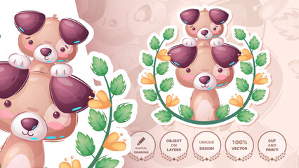 Sticker cartoon character adorable dog, pretty animal idea for print t-shirt, poster and kids envelope, postcard. Cute hand drawn style puppy