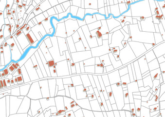 Urbanisme et territoire - rendu 2d plan cadastral avec limites de parcelles, bâtiments 3d et piscines