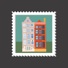 Amsterdam cozy and cute house postage stamp on a pink background.