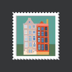 Amsterdam cozy and cute house postage stamp on a pink background.