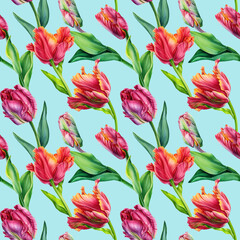 Floral Seamless pattern. Watercolor tulip, spring flowers, flora beautiful background. Invitation cards.