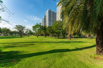 Landmark 81, skyscrapers viewed from below towards sky represents urban development with modern architecture. Combined with Vinhomes Central Park Project