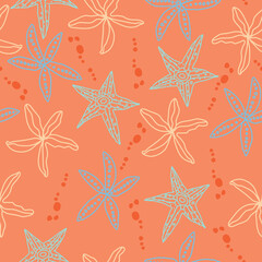 Orange background and multi coloured star fish seamless pattern background. Perfect for fabric, scrapbooking, quilting, wallpaper and many more projects.