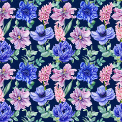 Floral background, watercolor painting, Anemone, hyacinths, tulips seamless pattern, hand drawing. Spring flowers