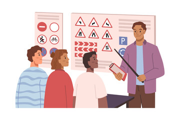 Car education exam, instructor with pointer telling driving rules for students. Flat cartoon vector illustration of beginners learning to drive, people getting education in drive school