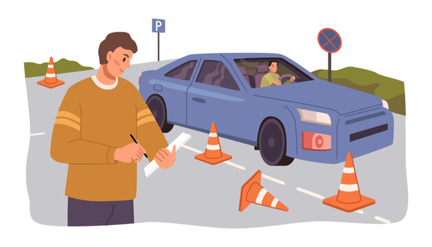Failure in education, do not pass car exam flat cartoon vector illustration. Adolescent girl character sitting feeling sad. Woman failing her driving test with man instructor. Bad score, falling cones